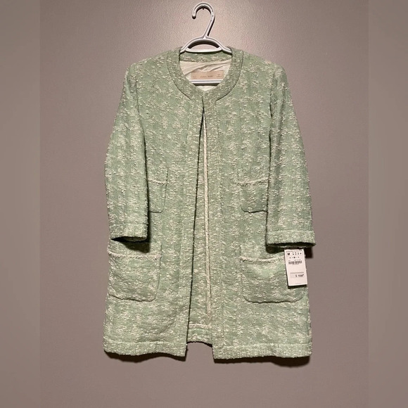 NEW Zara Basic Special Collection Tweed Green and White jacket size Medium - Picture 2 of 7